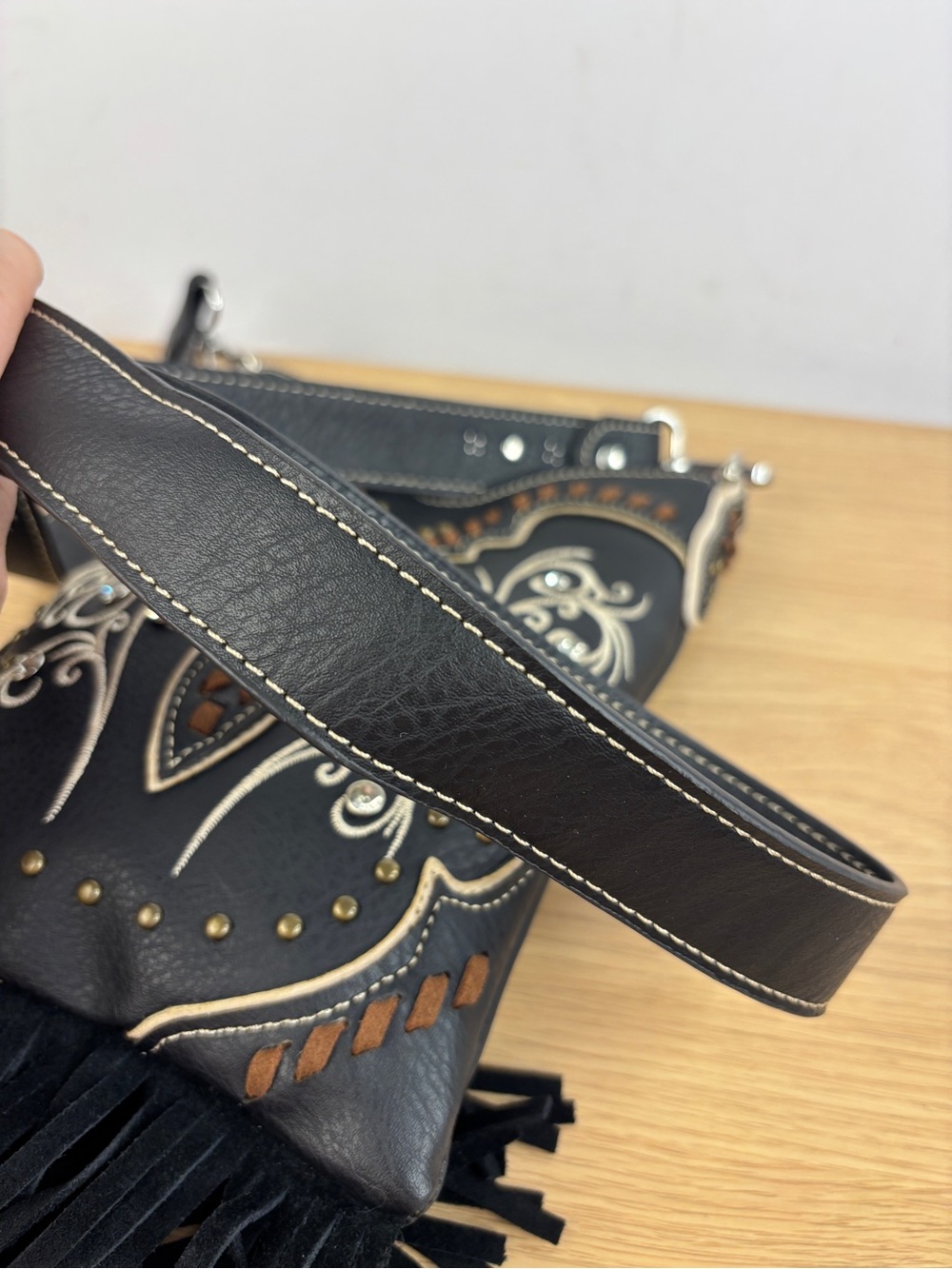 Fringed Embroidered Black Vegan Leather Crossbody Bag with Turquoise Concho - Picture 8 of 12